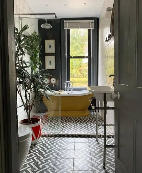 Yellow Bathroom with Shower and Tiles bathroom window