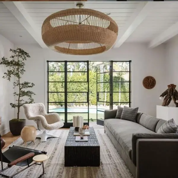Mix Textures, Earth Tones, and a Showstopper Pendant large living room windows