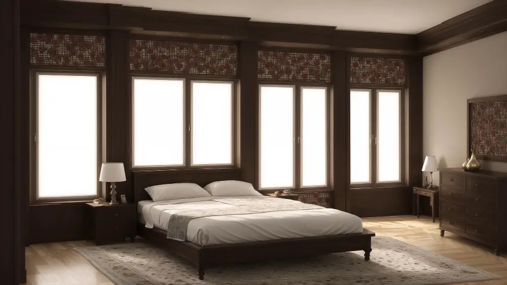 bed with windows behind