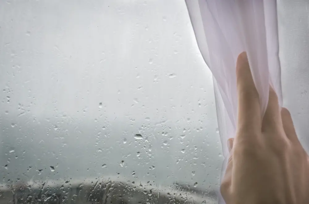 Checking Windows For Damage on Rainy Day