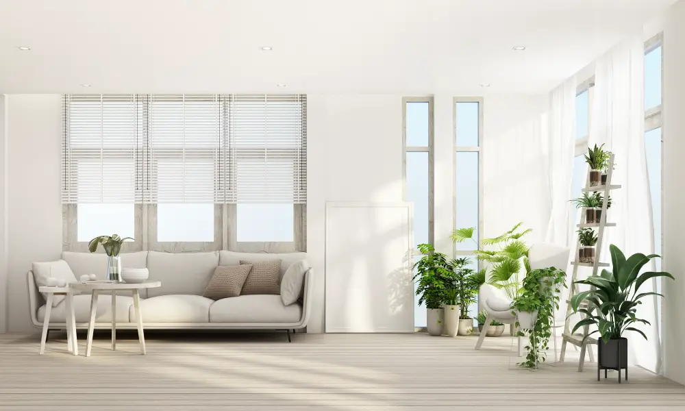 Living Room Window White Blinds and Curtain Plants 