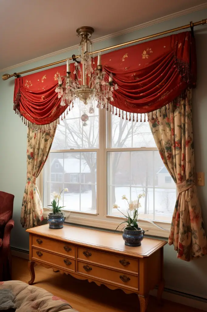 box valance with attached curtains for full window treatment