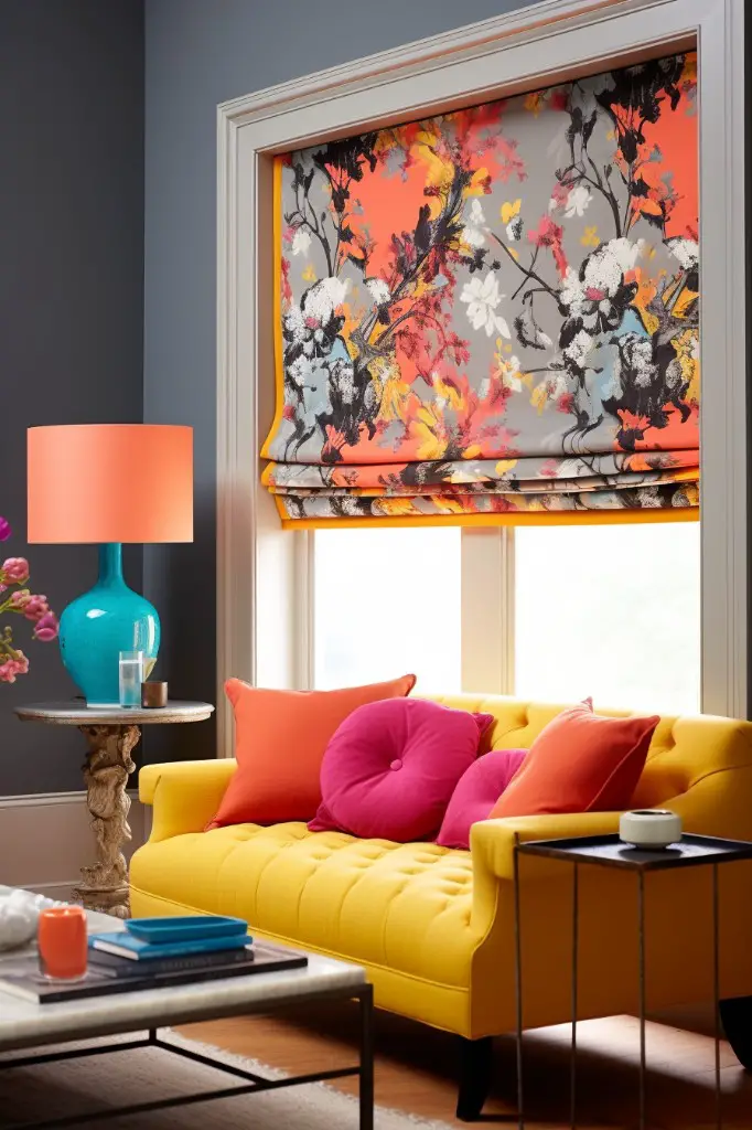 bright coloured faux roman shade for a pop of colour