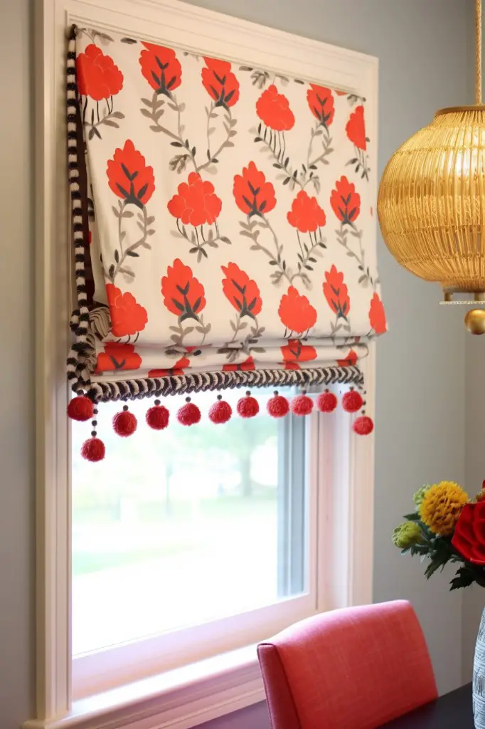 faux roman shade with pom pom trim