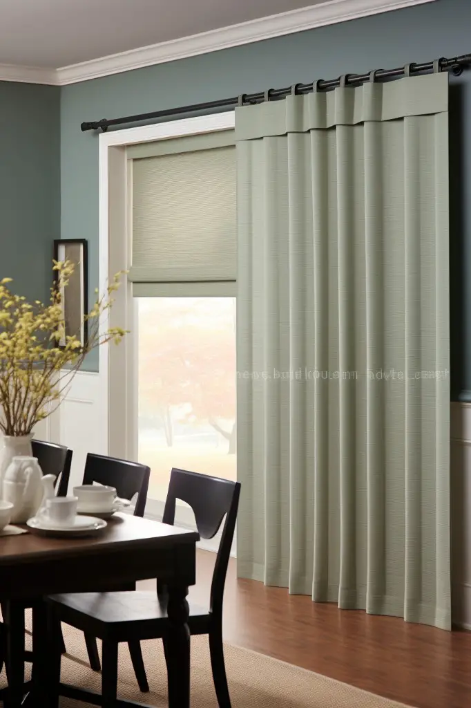 panel track blinds with a layered valance