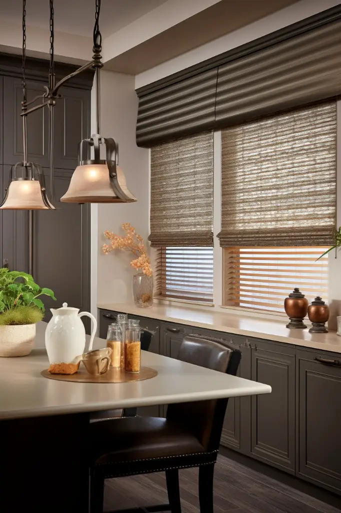 privacy blinds with a metallic finish valance