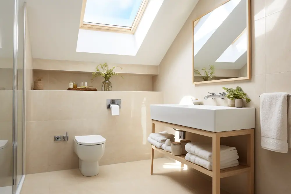 small bathroom with skylights