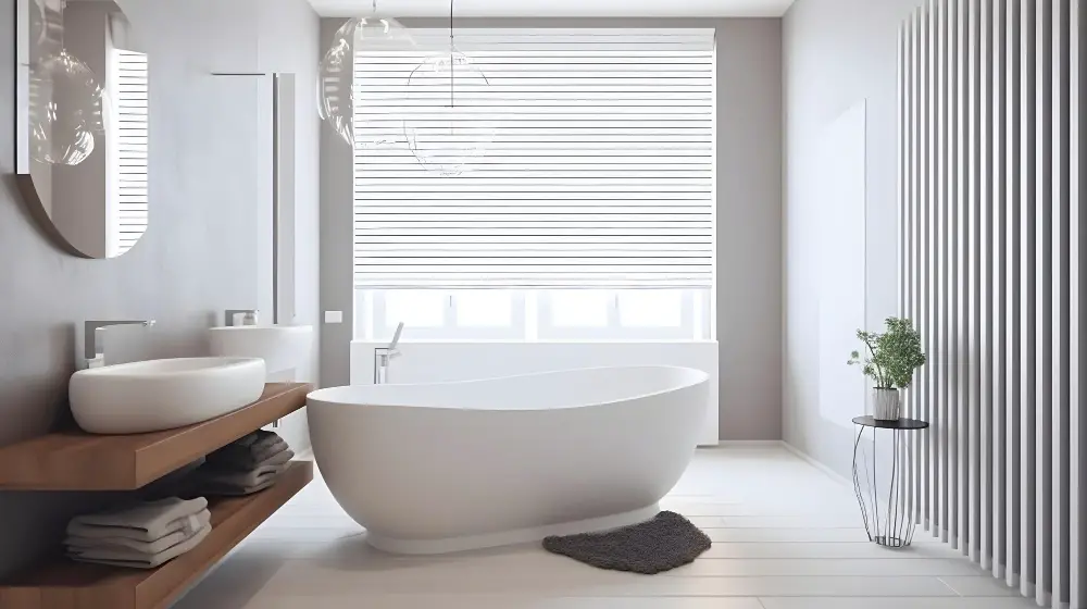 white bathtub and window with blinds