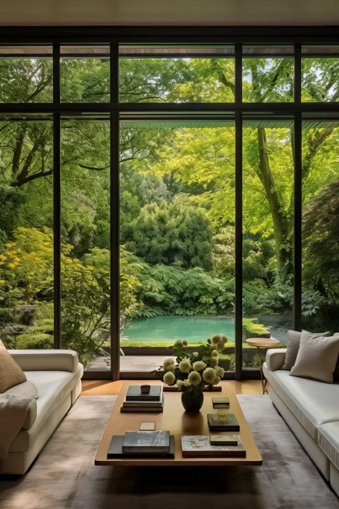 window walls in a garden facing living room