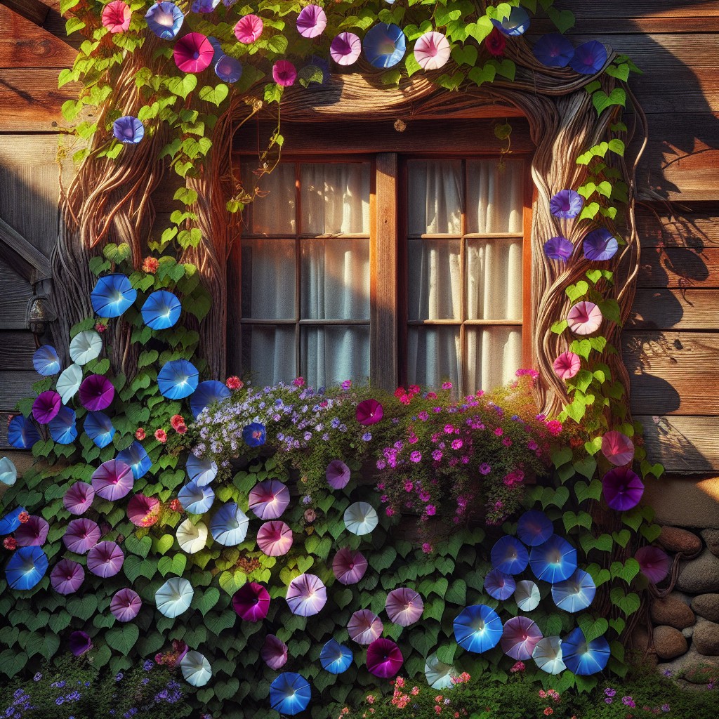 a morning glory covered window frame