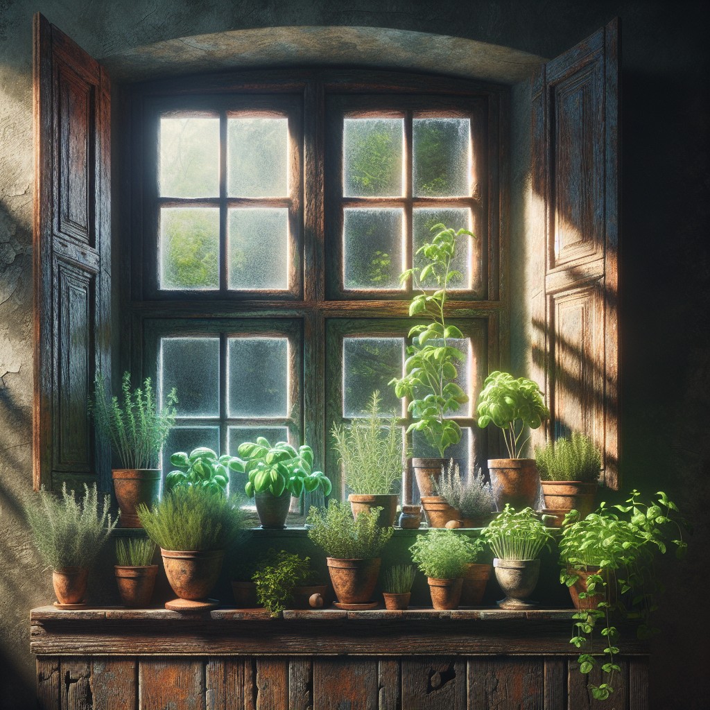 antique window shelf with herb pots