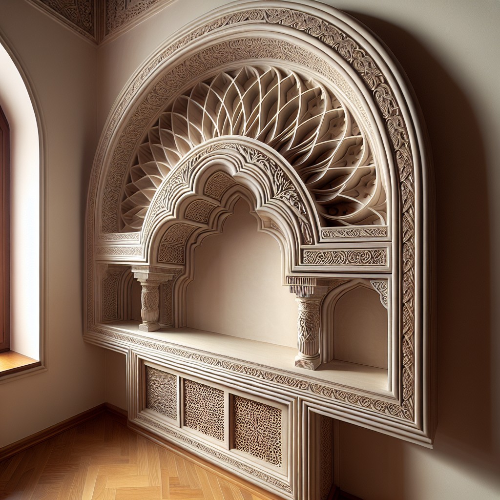 arched window trims with hidden storage solutions