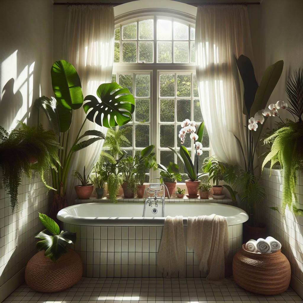 bay window bathroom with tropical plants