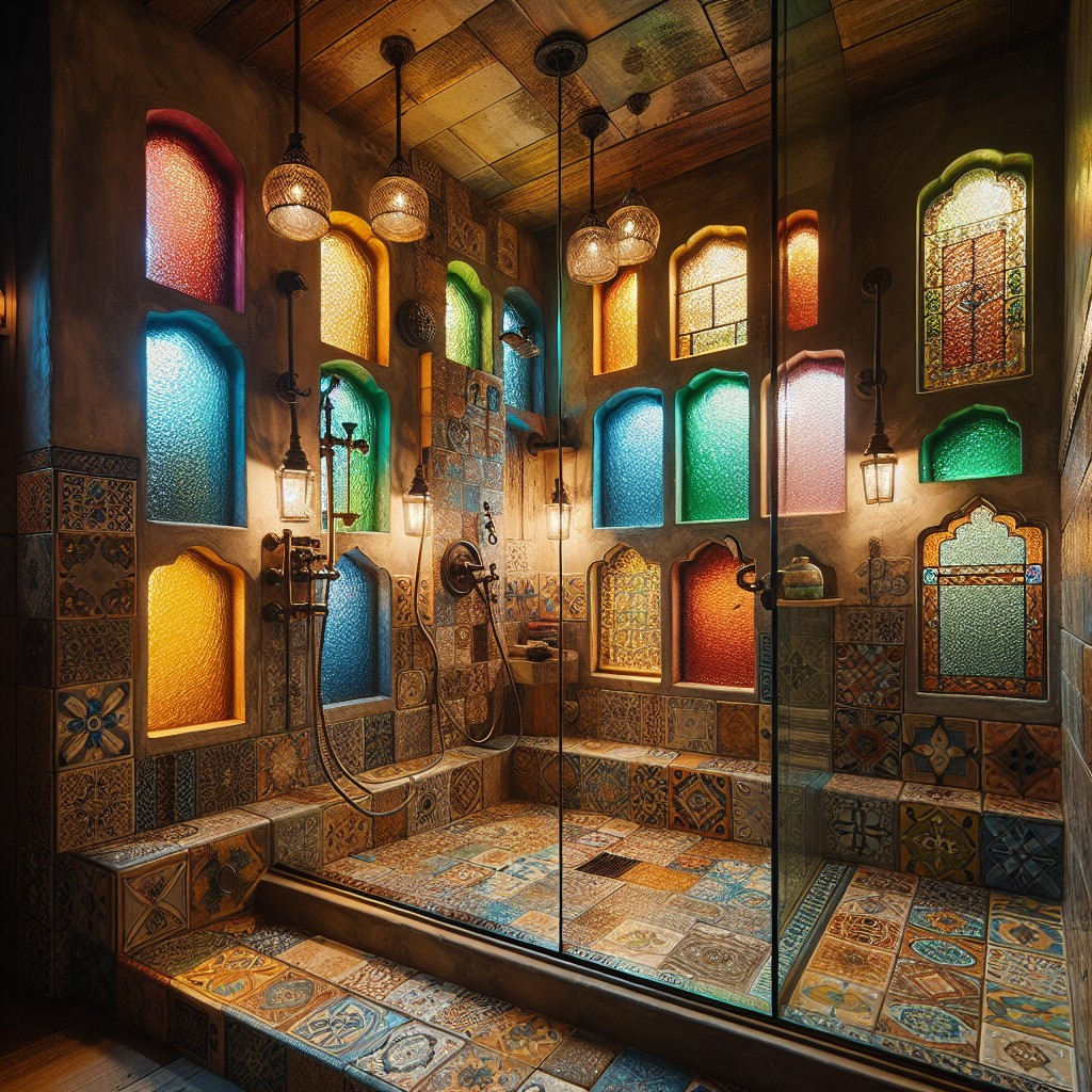 boho style shower with colourful window panes