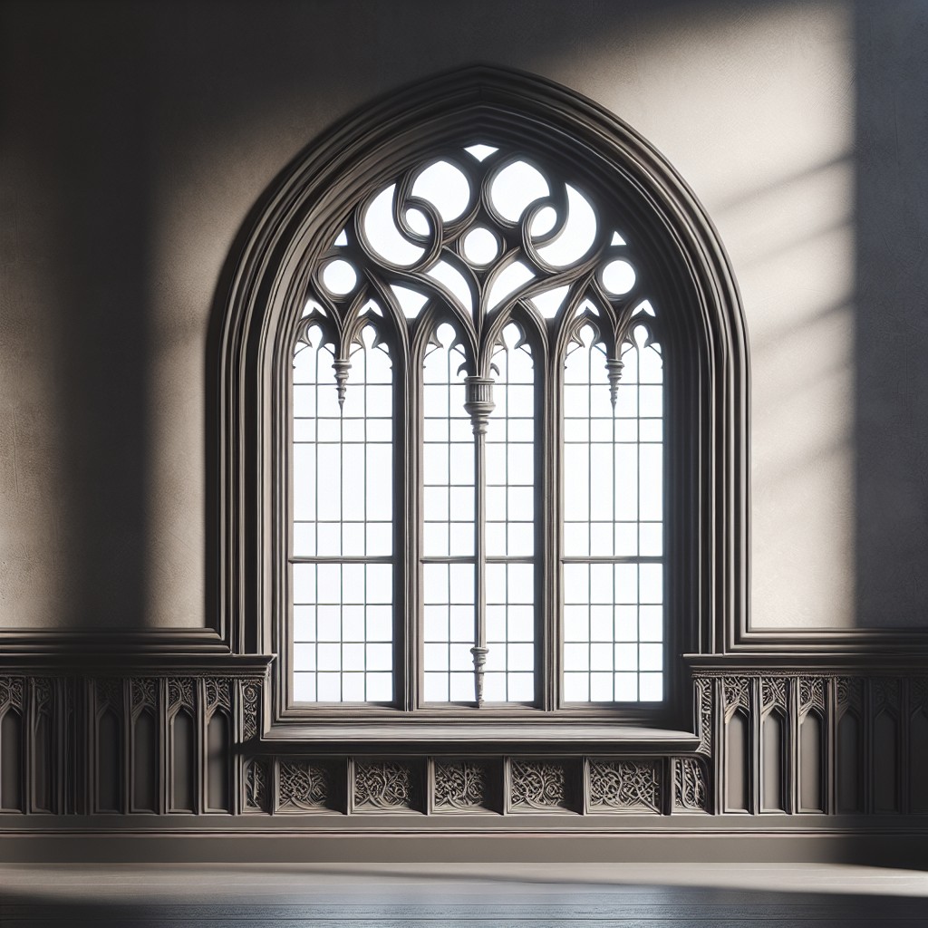 gothic styled dark wood arch window trim