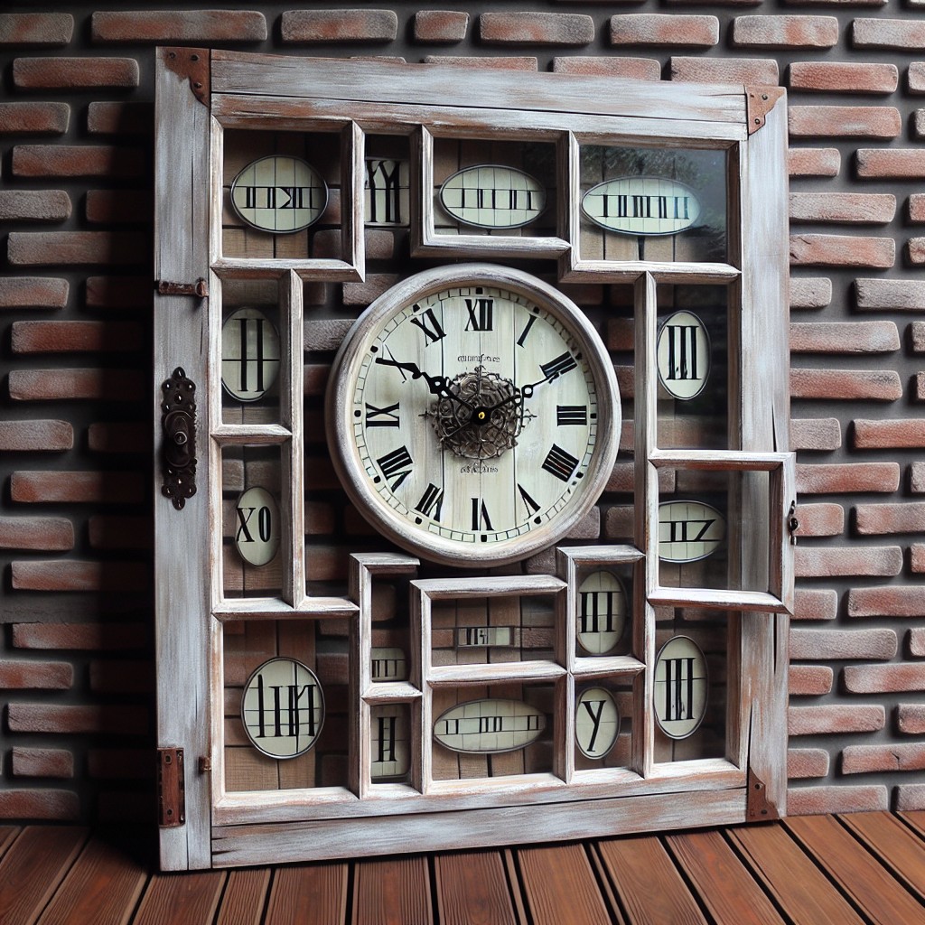 repurposed window frame into a decorative wall clock