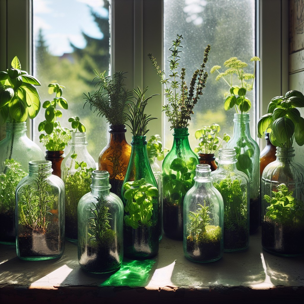 repurposing old bottles as herb planters