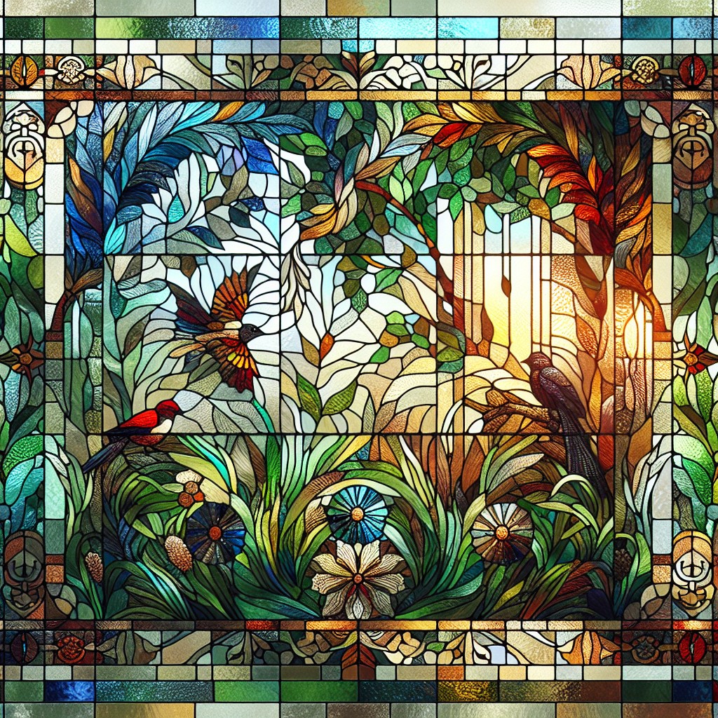 rustic nature inspired stained glass window panels