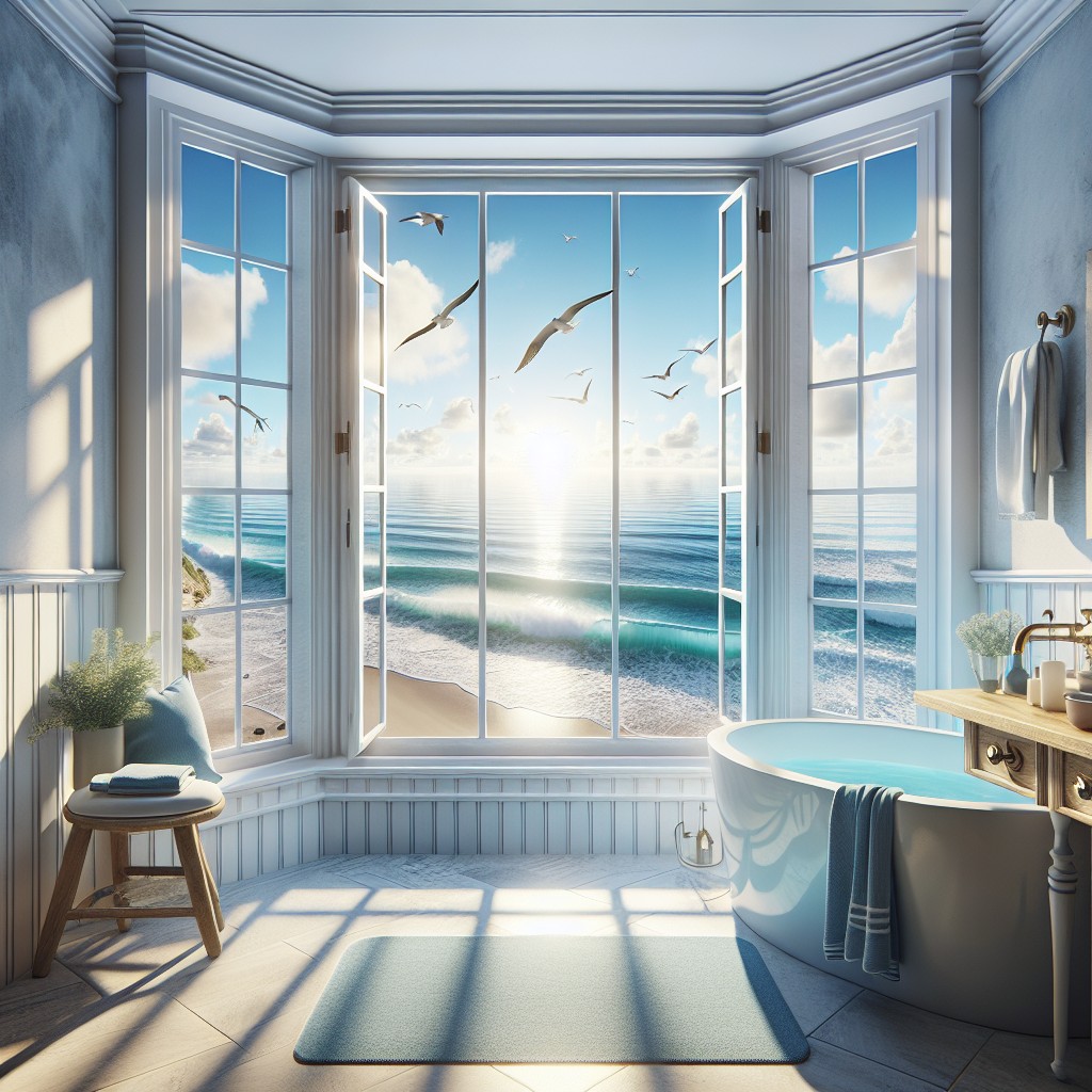 seaside themed bay window bathroom