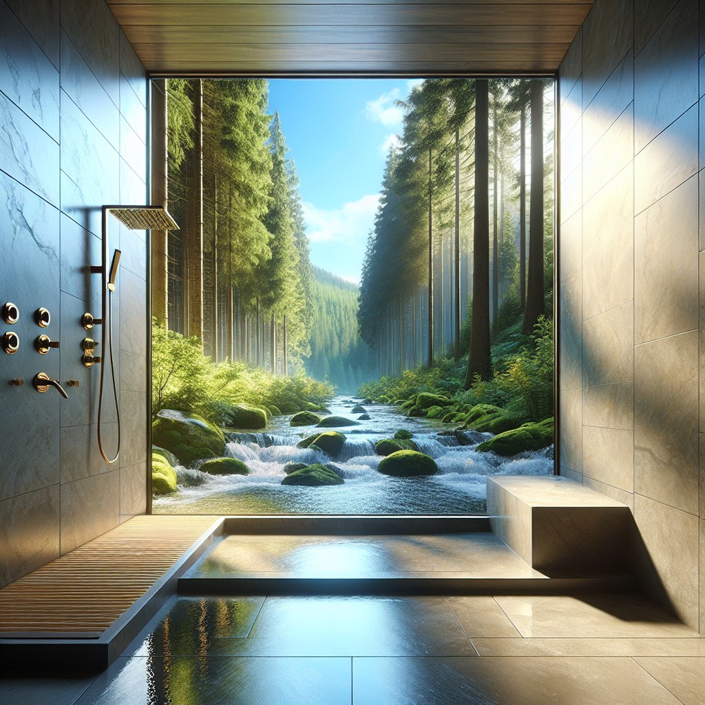 shower with large picture window for a nature view