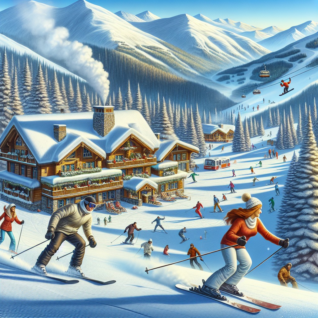 ski resort with skiers and snowboarders