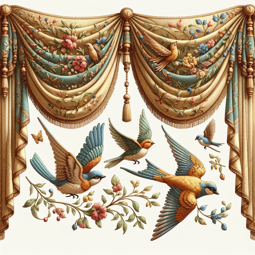 swag valances with bird appliques