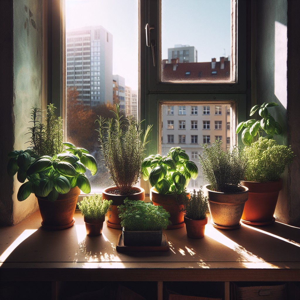 use of compact herb plants for limited space windowsills