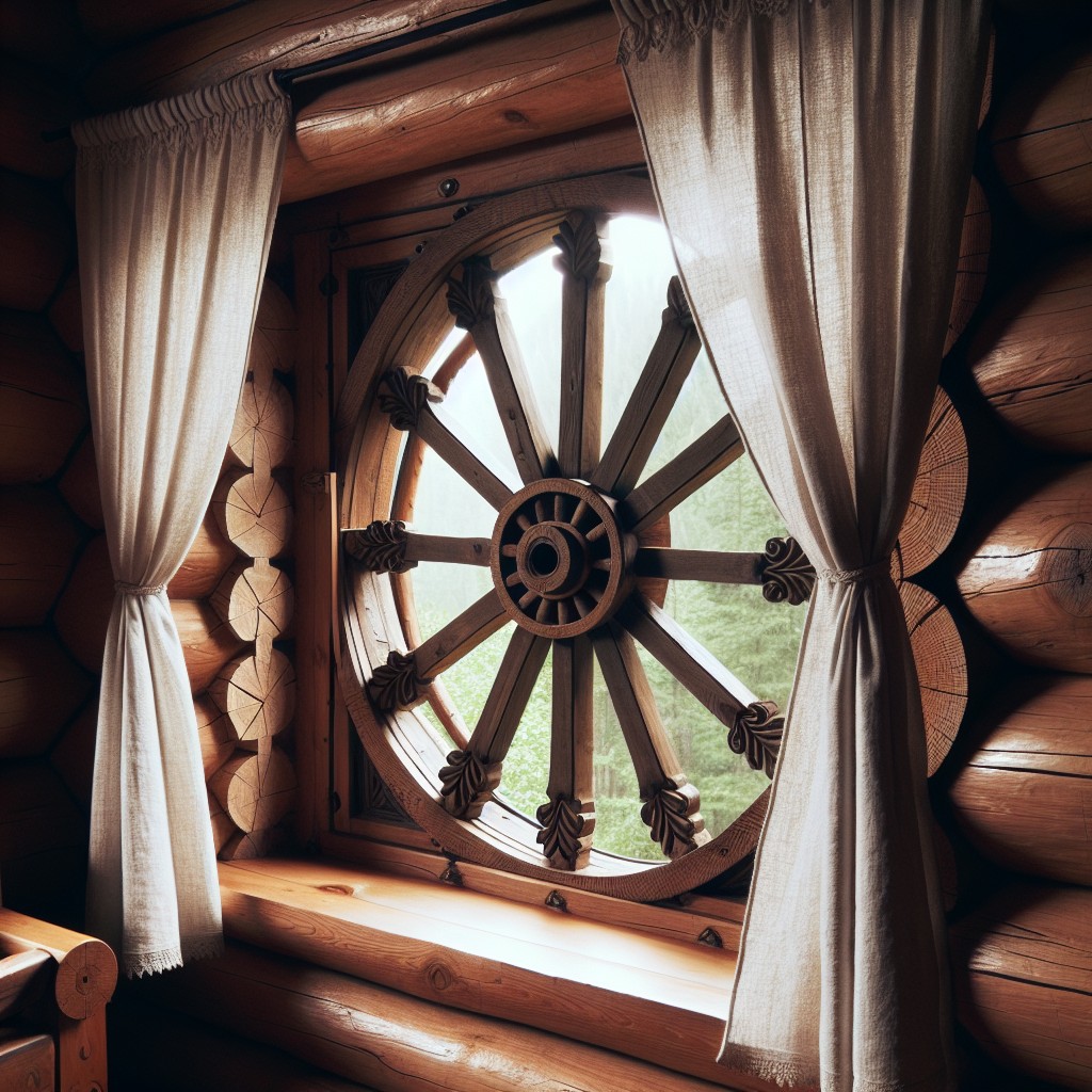 wagon wheel window frame with linen drapes