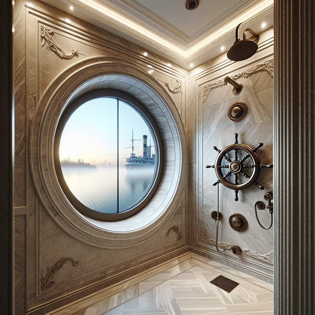 walk in shower with nautical round porthole window
