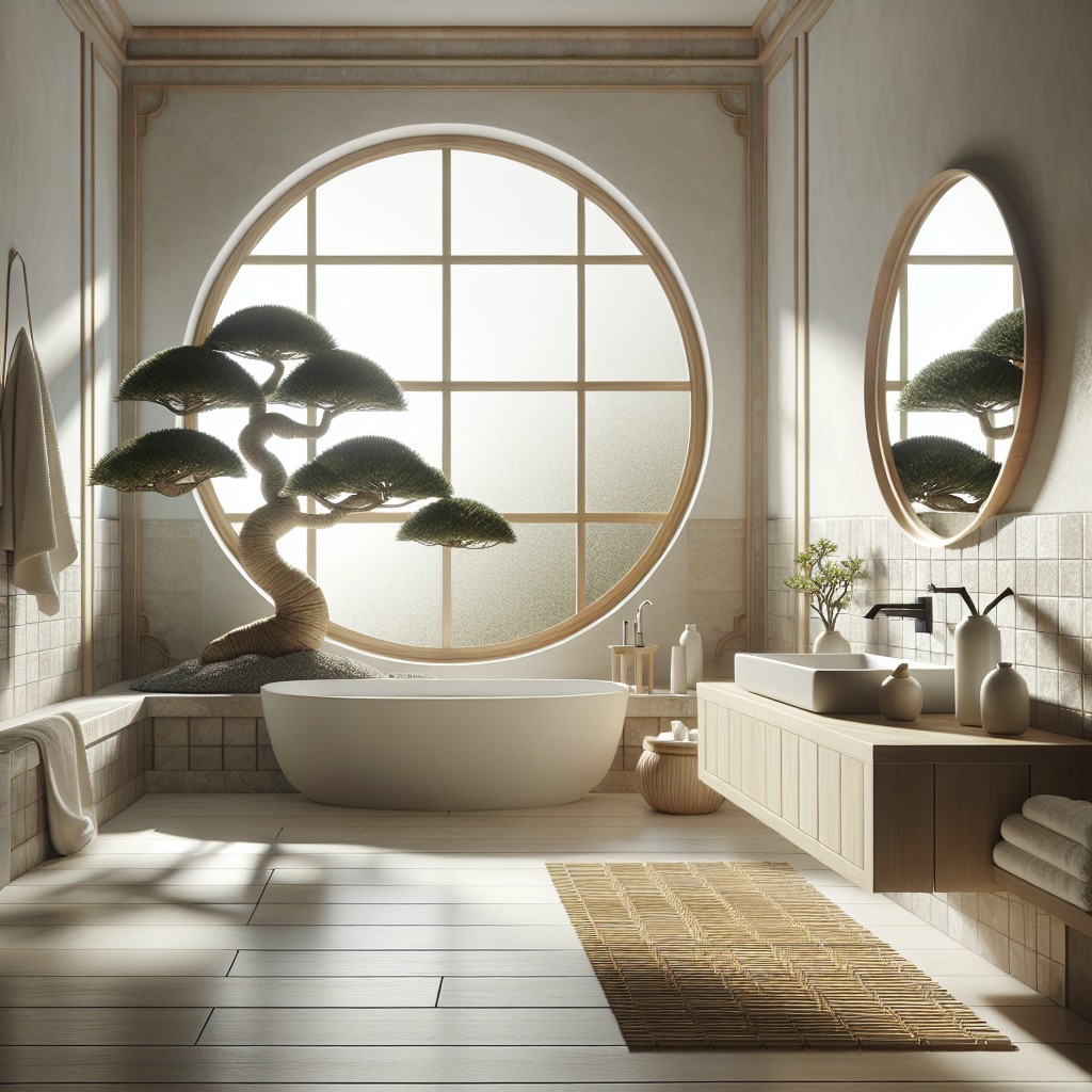 zen inspired bay window bathroom with bonsai