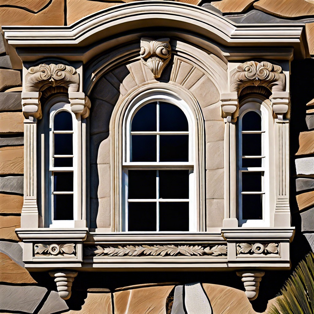 21 bay window with carved stone details