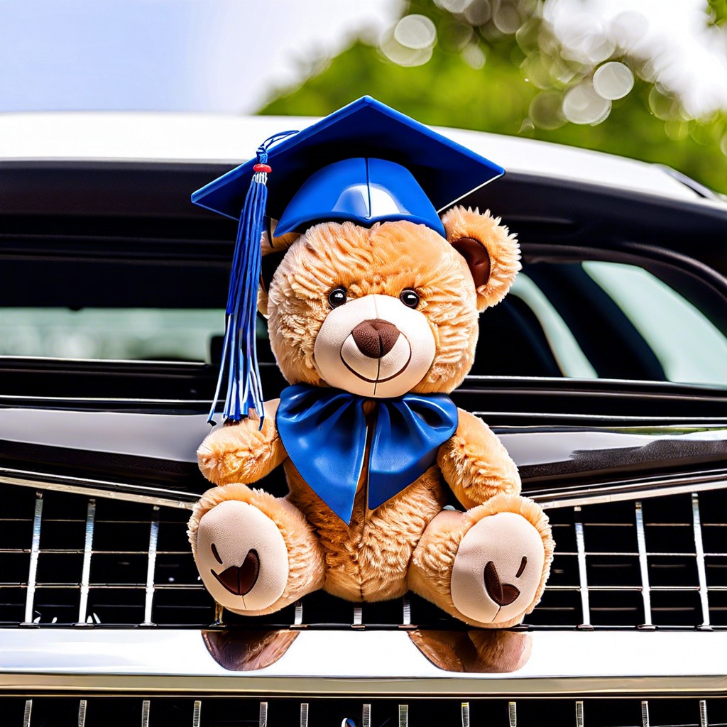 a graduation teddy bear tied to the grill
