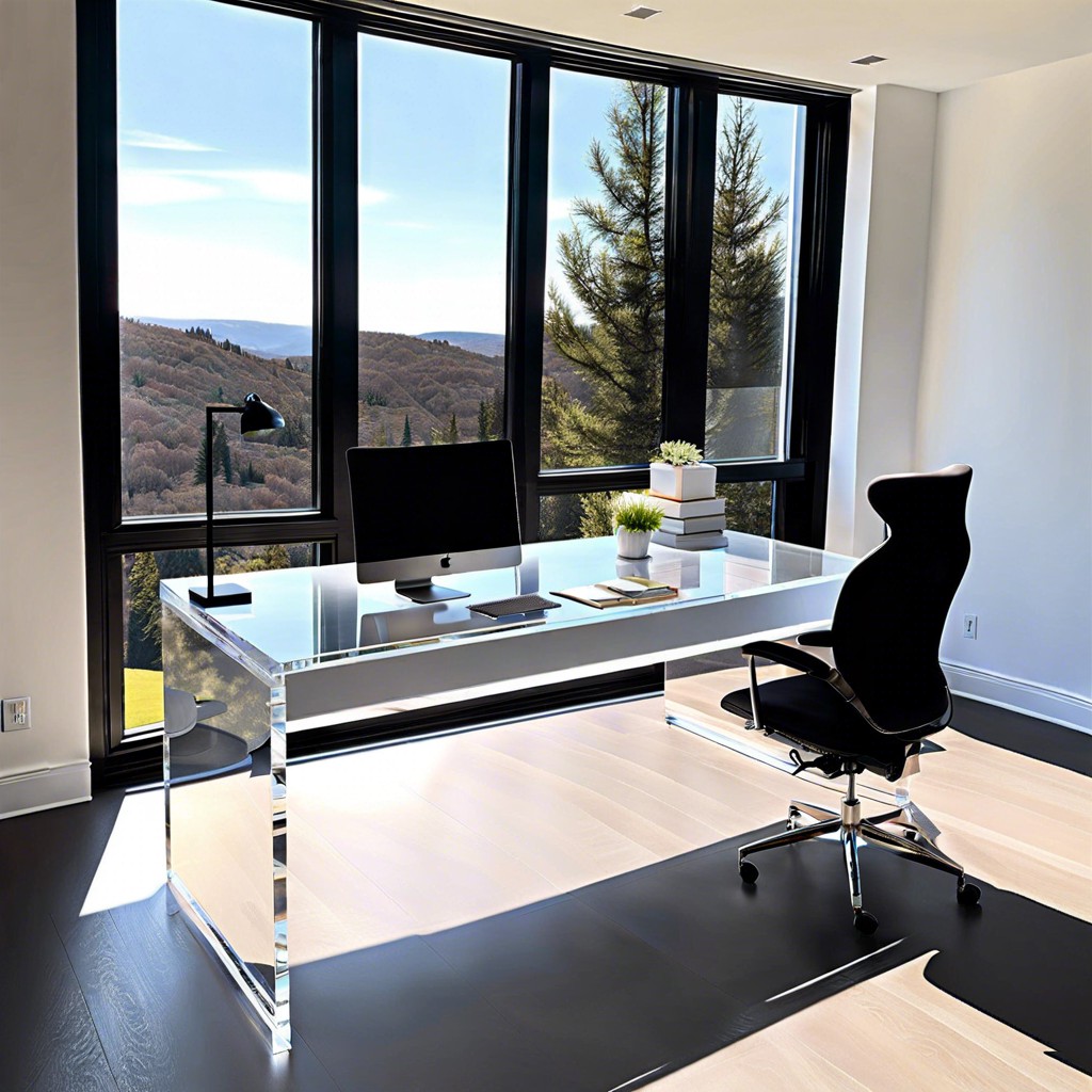 acrylic ghost desk in front of a picture window for an invisible look