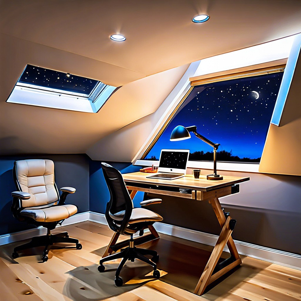 adjustable height desk in front of a skylight window for stargazing