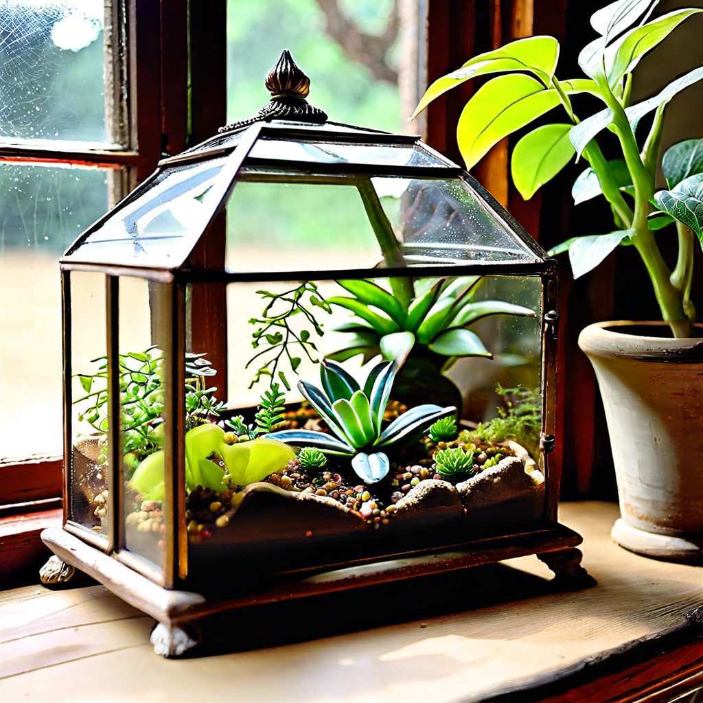 antique window glass terrarium