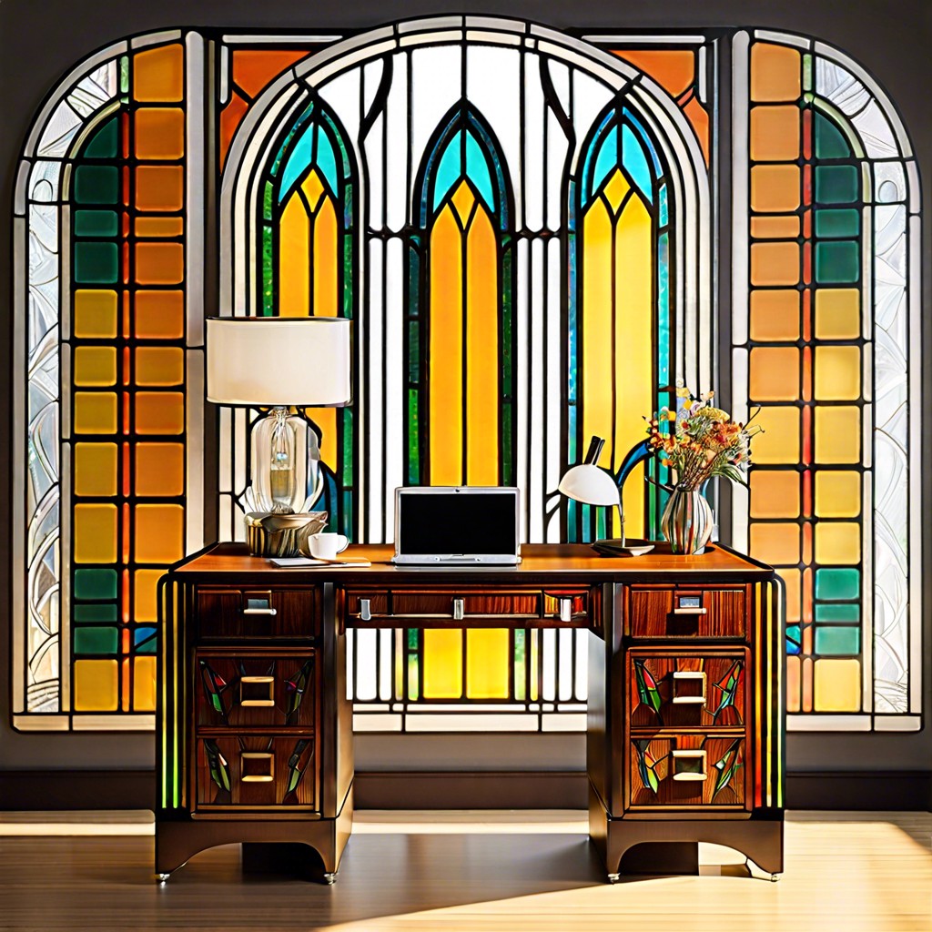 art deco inspired desk set against a stained glass window