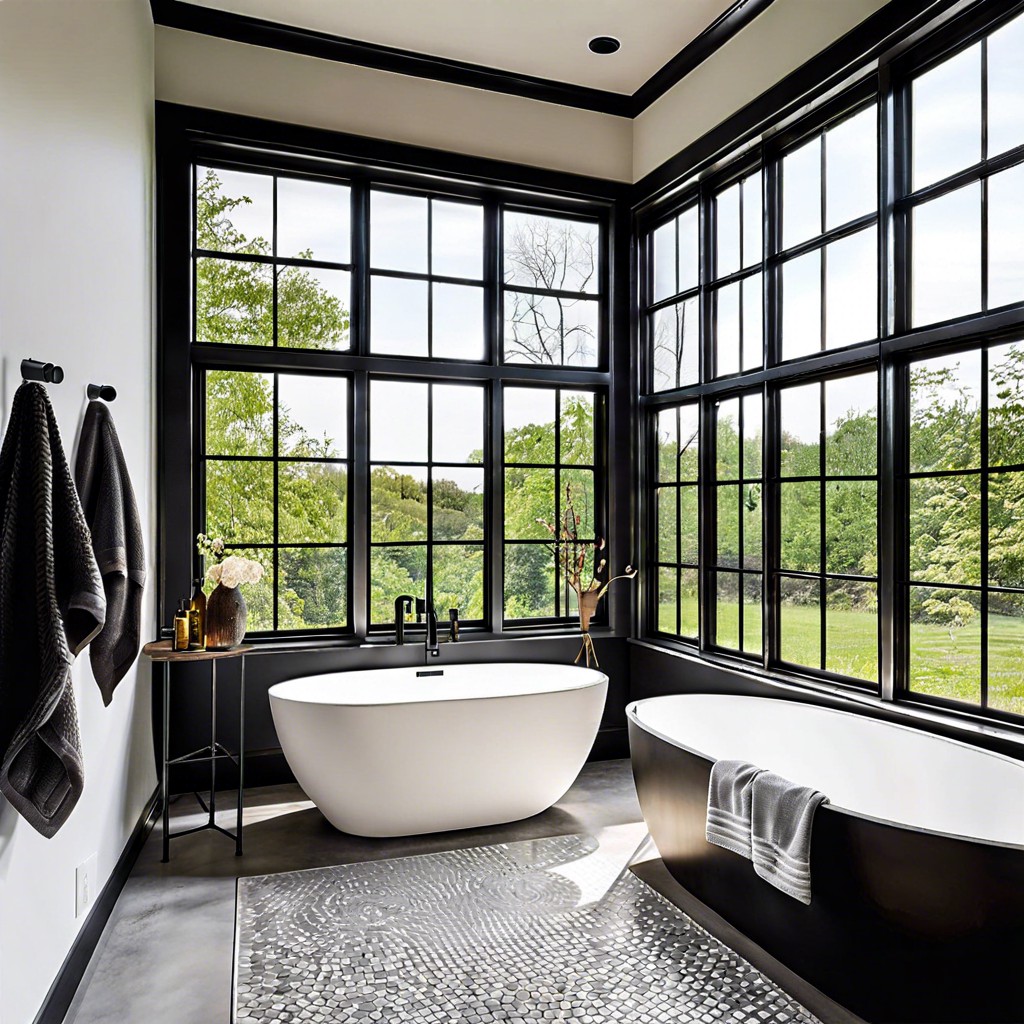 bathroom windows with industrial steel frames