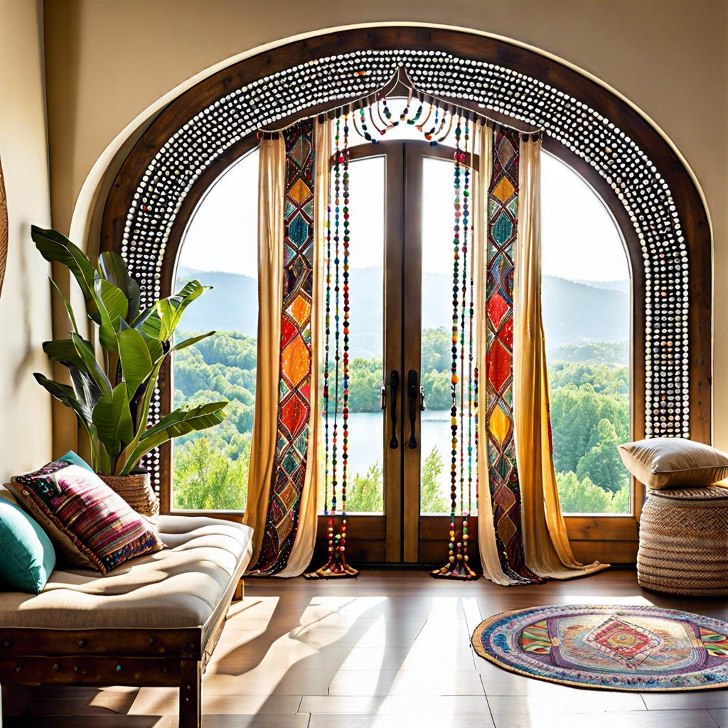 beaded curtains for covering arched windows with a bohemian vibe