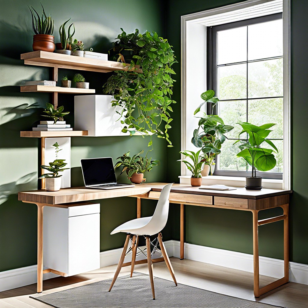 biophilic design desk with plant shelves at window level