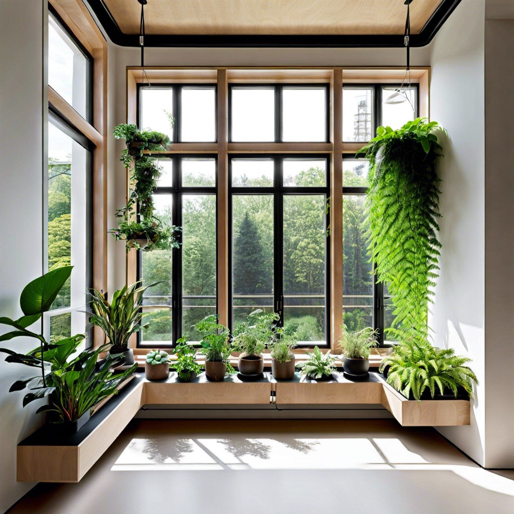 biophilic design incorporating plant shelves in front of large windows