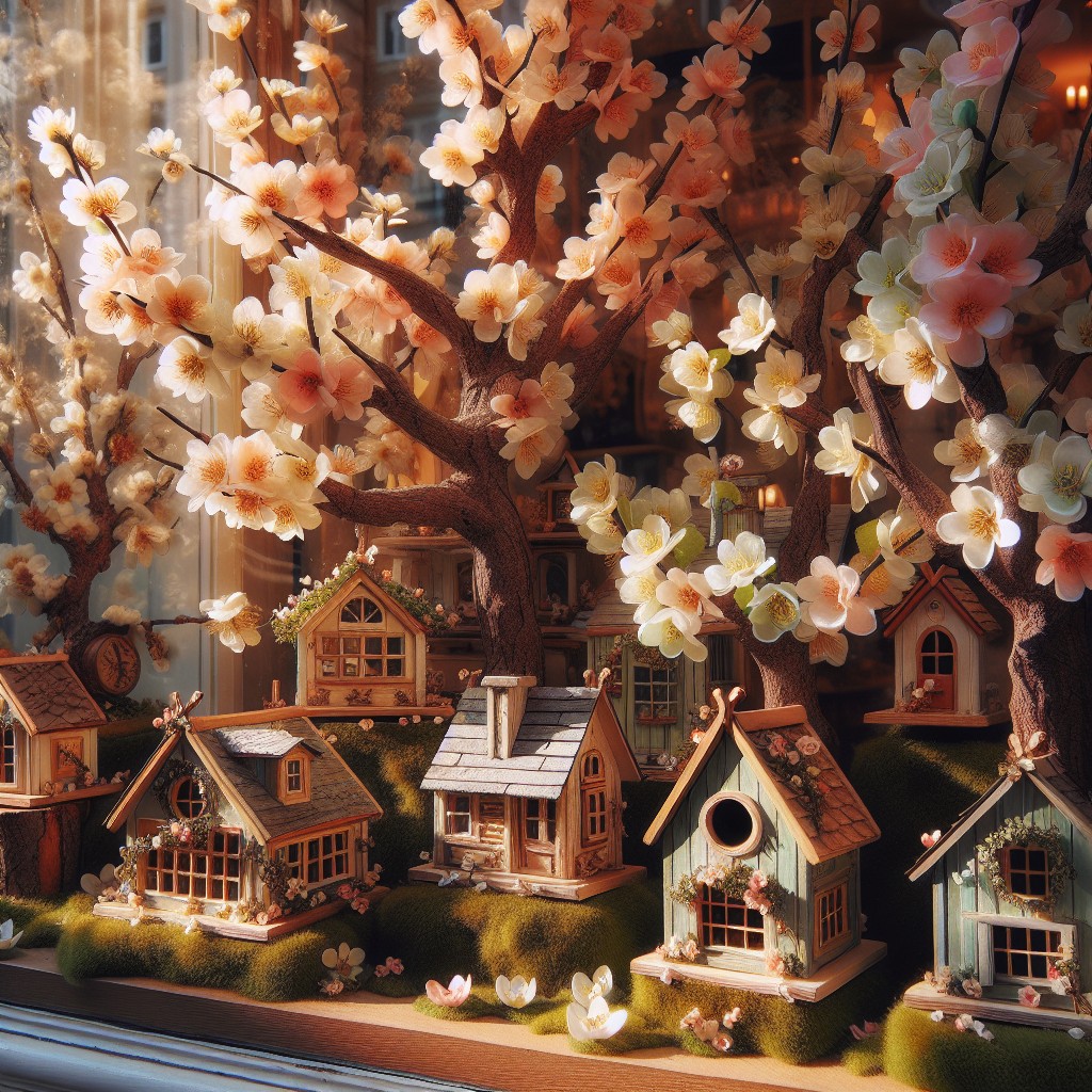 birdhouses and blooming trees