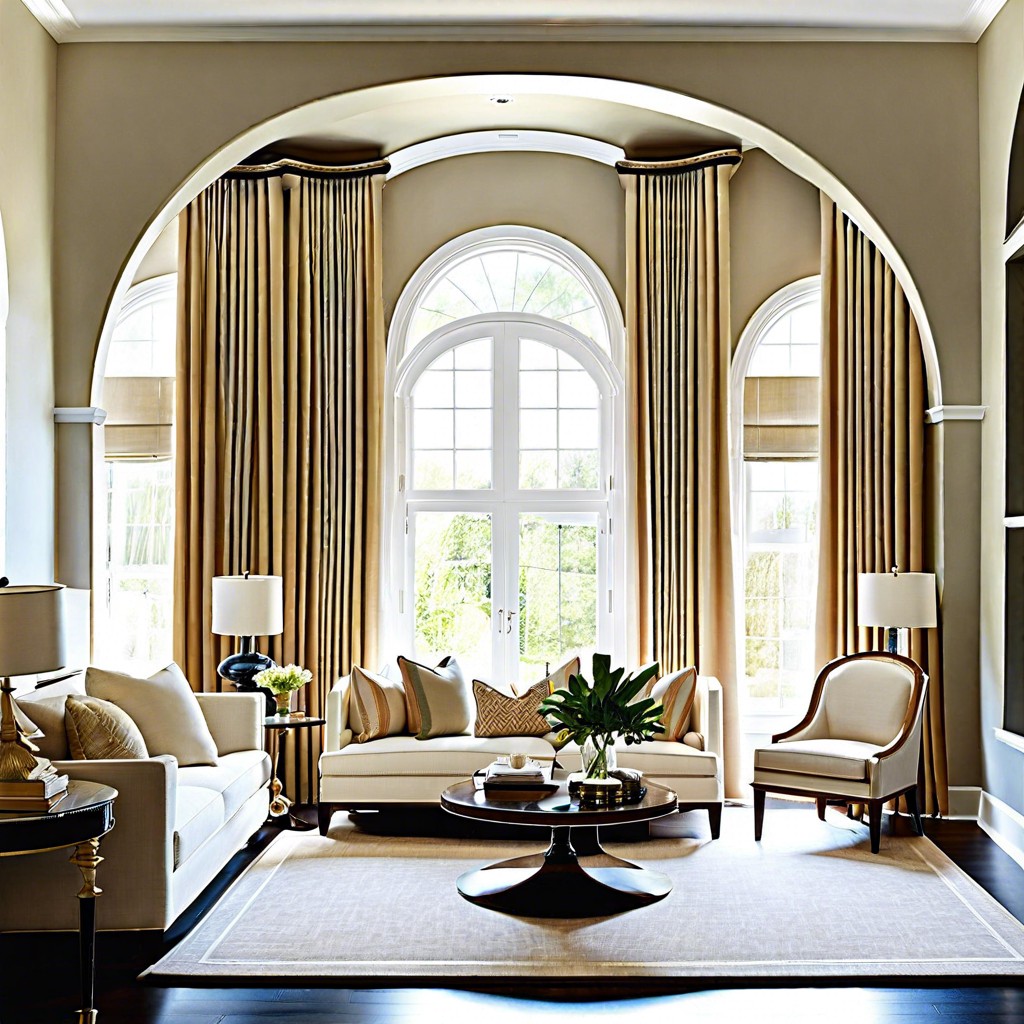 ceiling mounted arch curtains to heighten the room