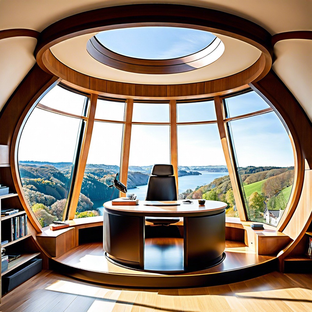 circular pod desk enveloping a bay window for a 360 degree view