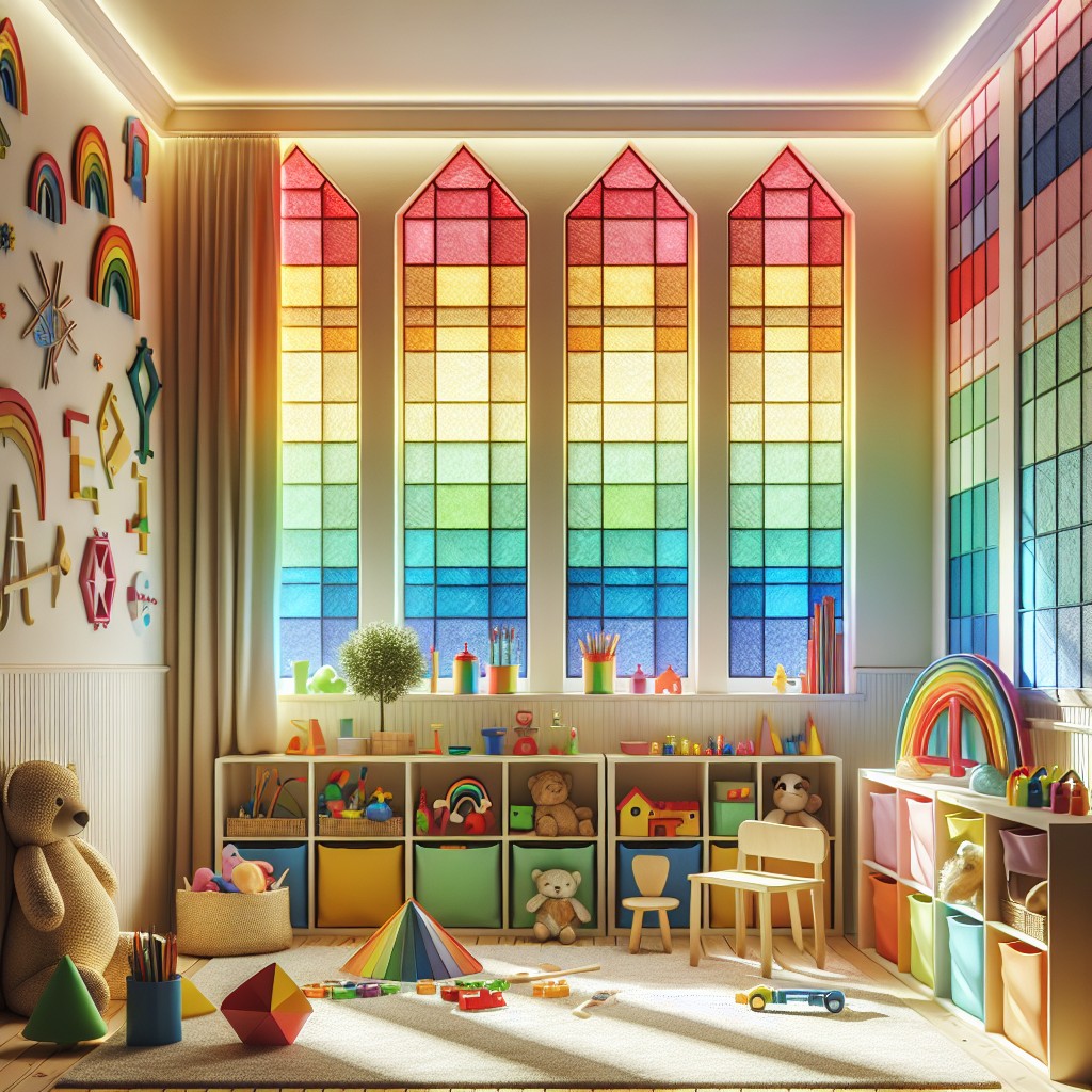 colorful transom windows in a childrens playroom