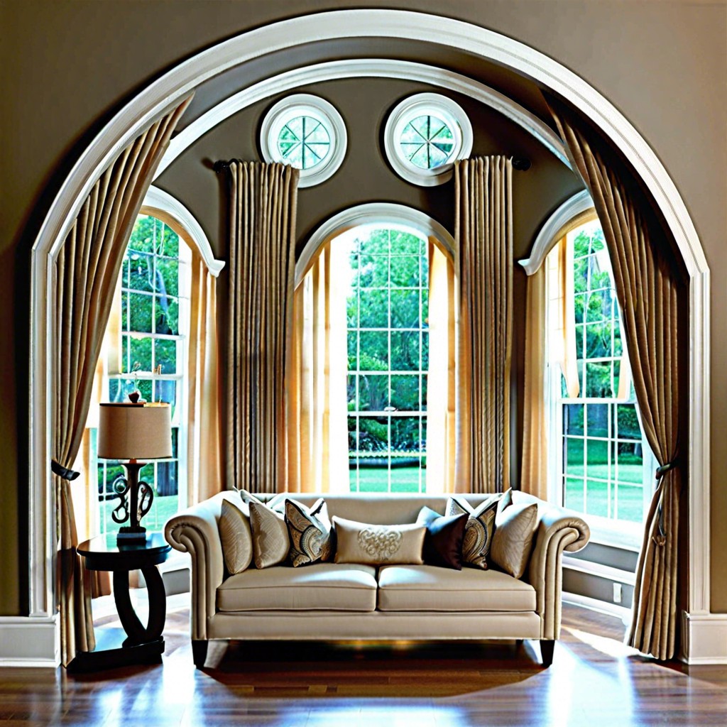combining blinds and drapes for arched windows