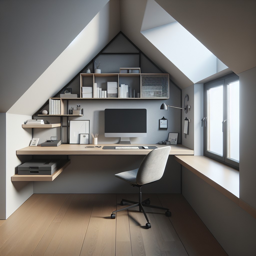 compact home office with floating desk and wall organizer
