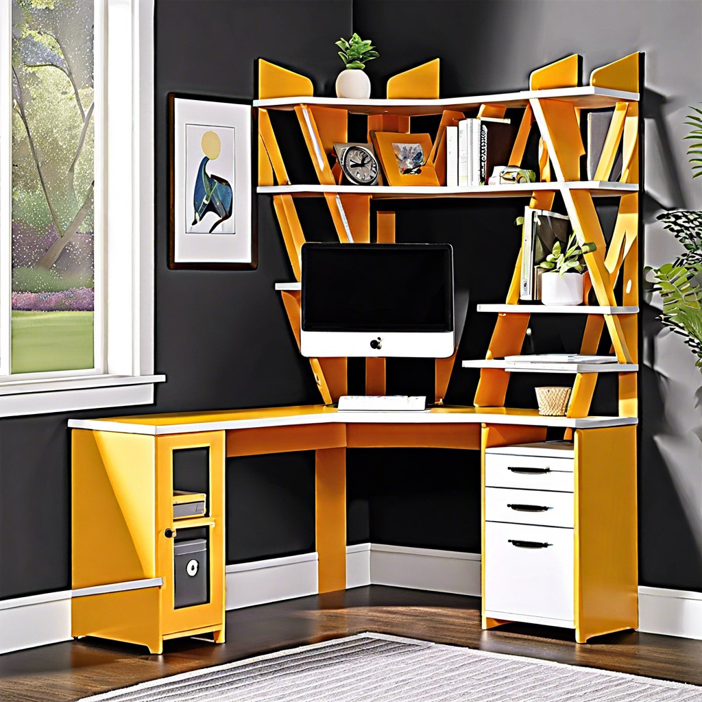 corner window desk with triangular shelves for space efficiency