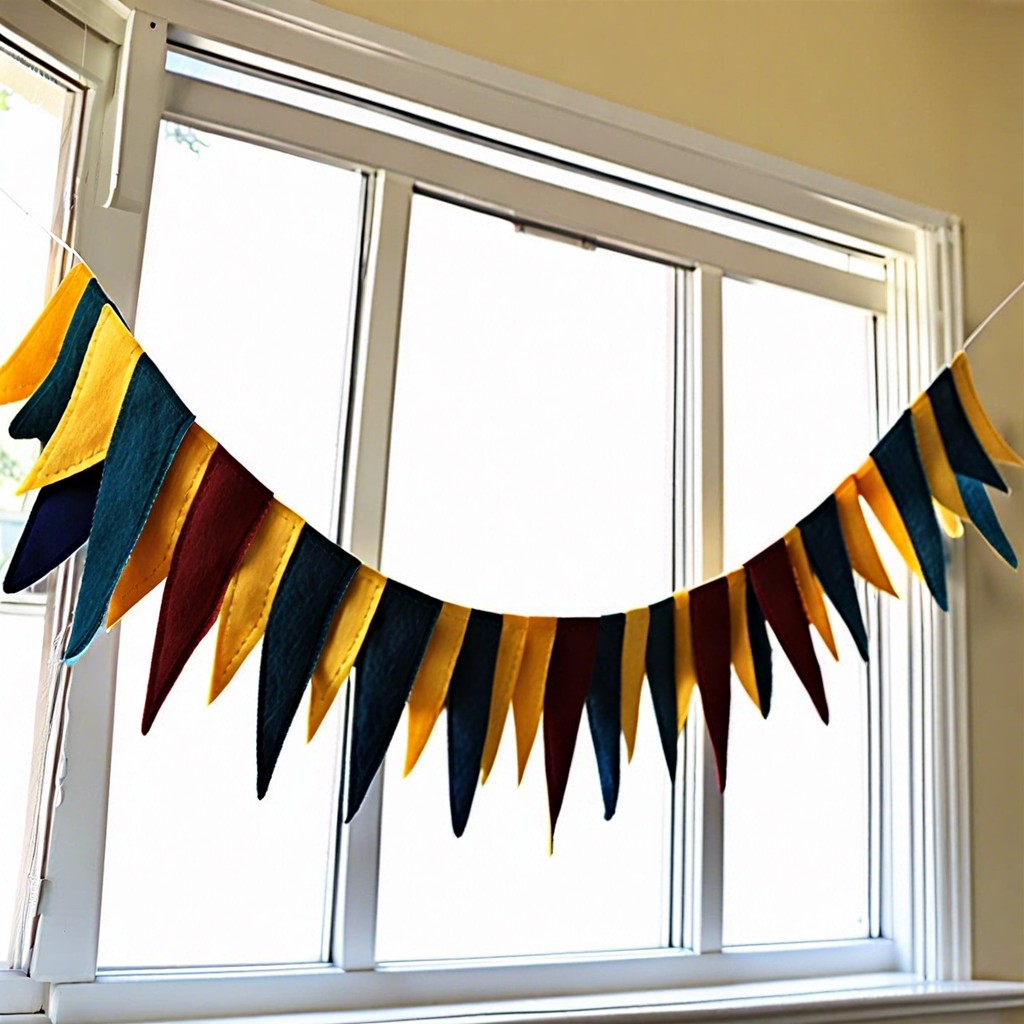 decorate with a garland of handcrafted felt pennants in school colors
