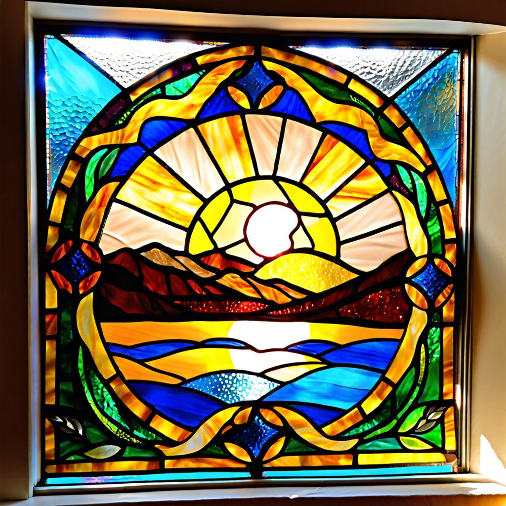 design a faux stained glass window using colored tissue paper and clear contact paper
