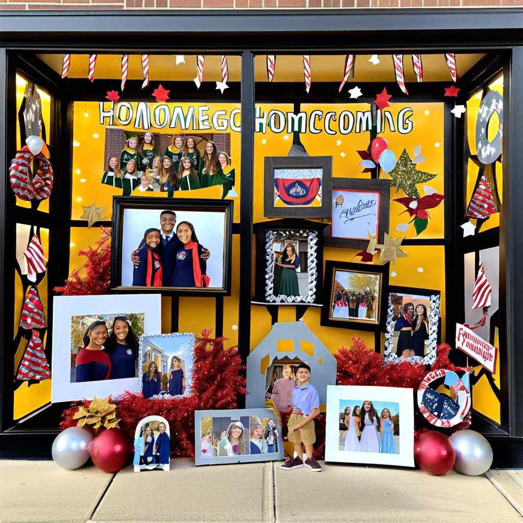display a collage of homecoming past and present photos inside the window